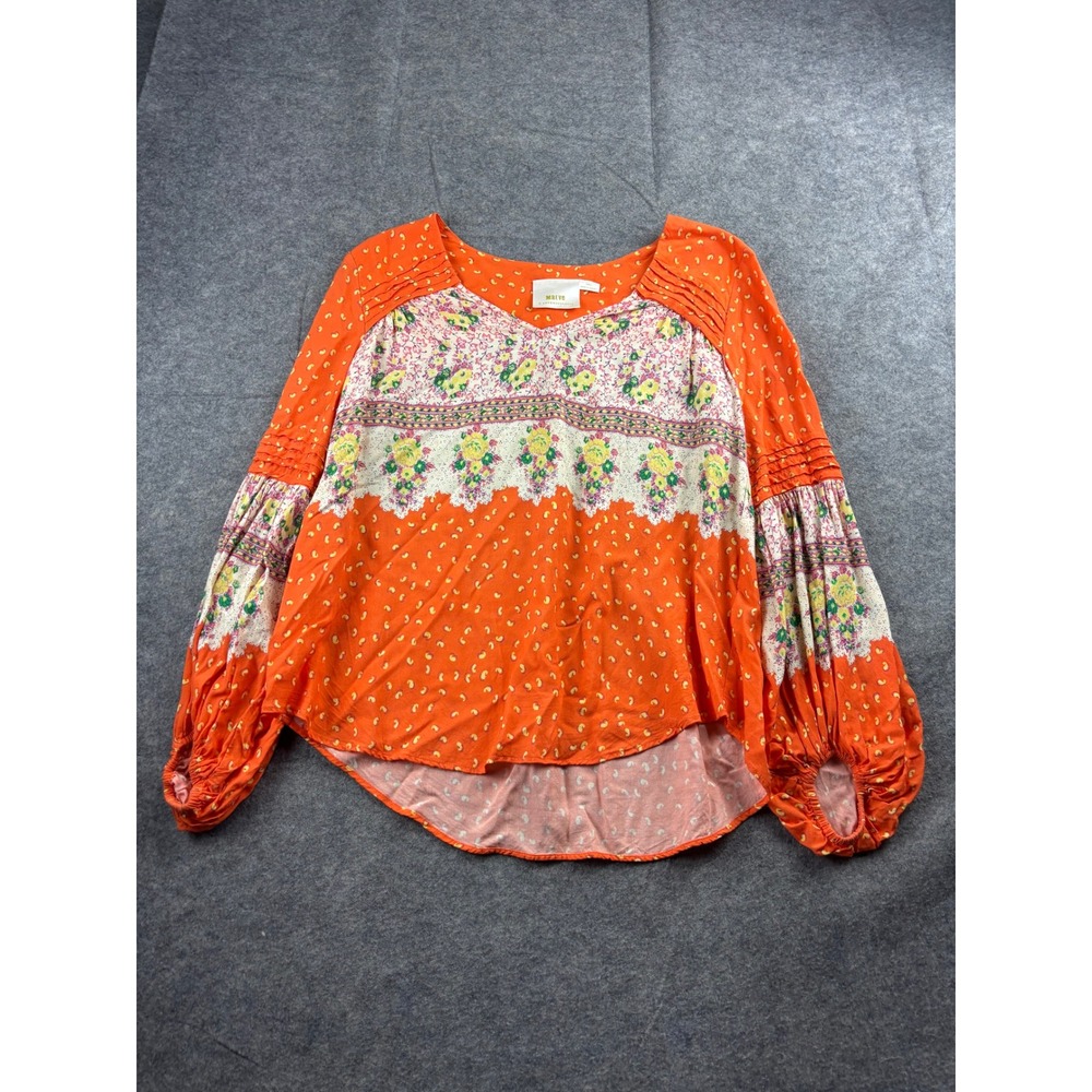 Maeve Anthropologie Womens S Orange Floral Balloon Sleeve Blouse Boho Artsy